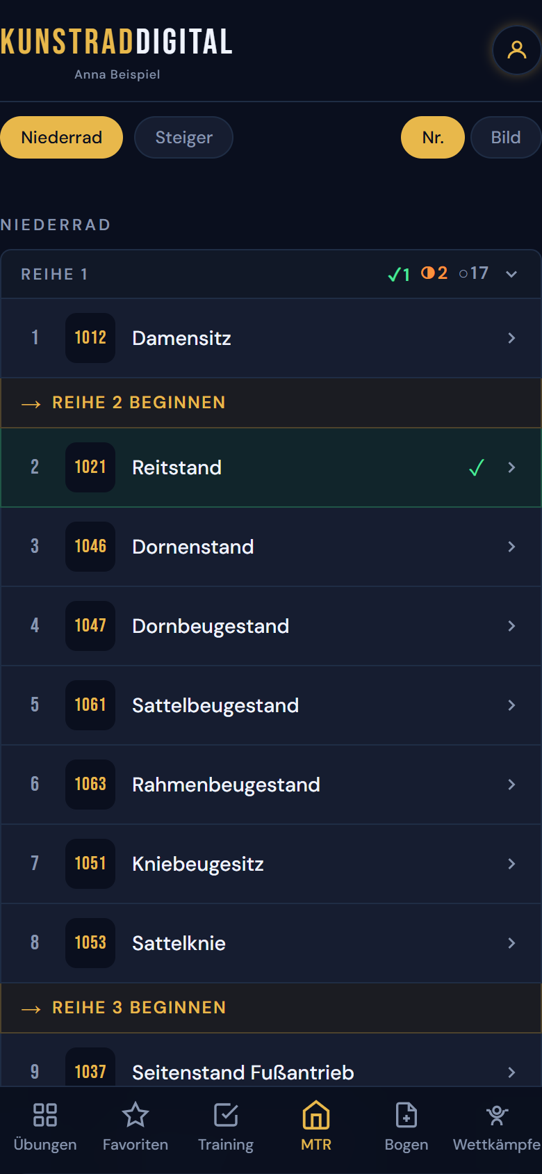 Methodische Trainingsreihe mit Reihen und Lernstatus