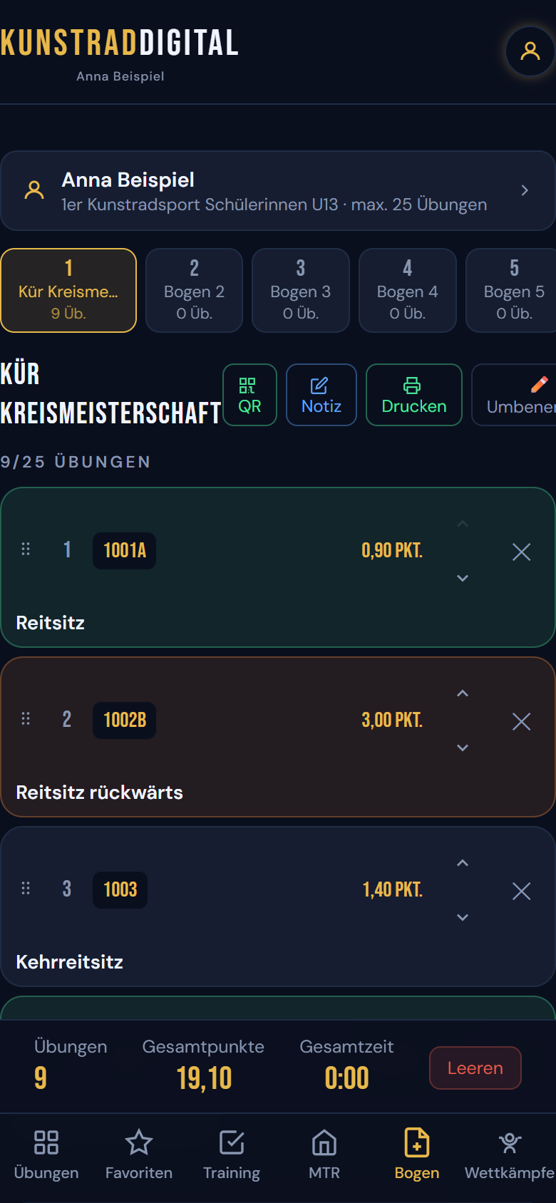 Wertungsbogen mit Übungen, Punkten und Gesamtsumme